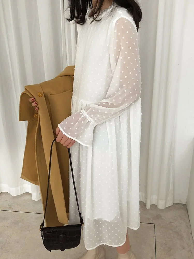 

Xian Qi Flocked Polka Dot Chiffon Dress Small Stand Collar Lace Loose-Fit Mid-length GIRL'S Dress Early Spring