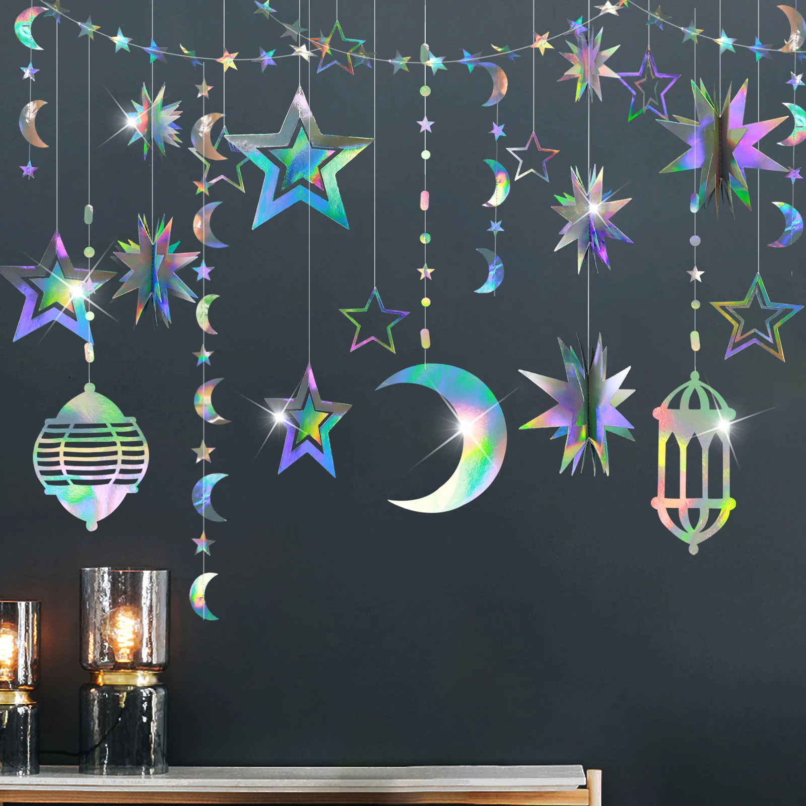 5 Confezioni Laser Iridescente Eid Ramadan Crescent Twinkle Little Star Moon Ghirlande Bambini Primo Compleanno Eid Mubarak Baby Shower Decor