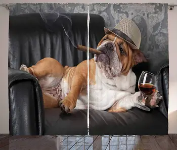 

Bulldog Kitchen Curtains Humorous Photo of a Gentleman Dog Resting in a Chair with Glass of Drink and Cigar Home Window Decor