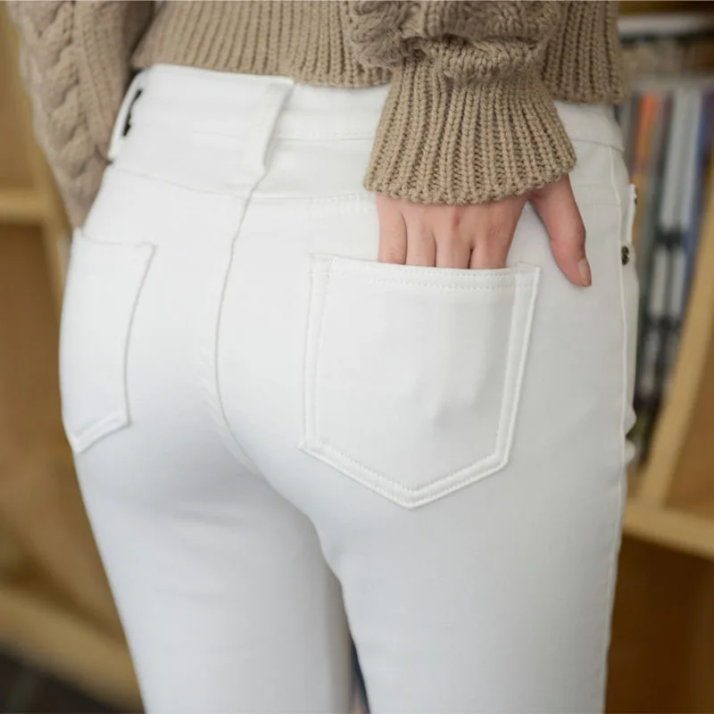 Мама зима плюс размер толстые бархатные джинсы белые обтягивающие повседневные узкие брюки для женщин однотонные женские офисные рабочие джинсовые брюки