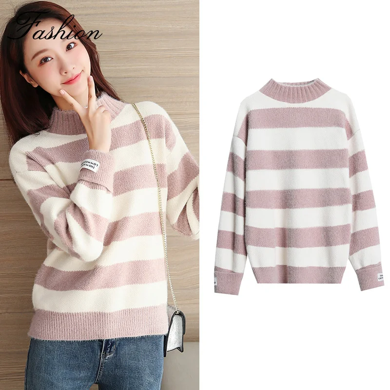 

Autumn Winter Turtleneck Sweater Women Casual Striped Solid Knitted Sweaters Long Sleeve Pullover Sweater Blue Pink Yellow Green