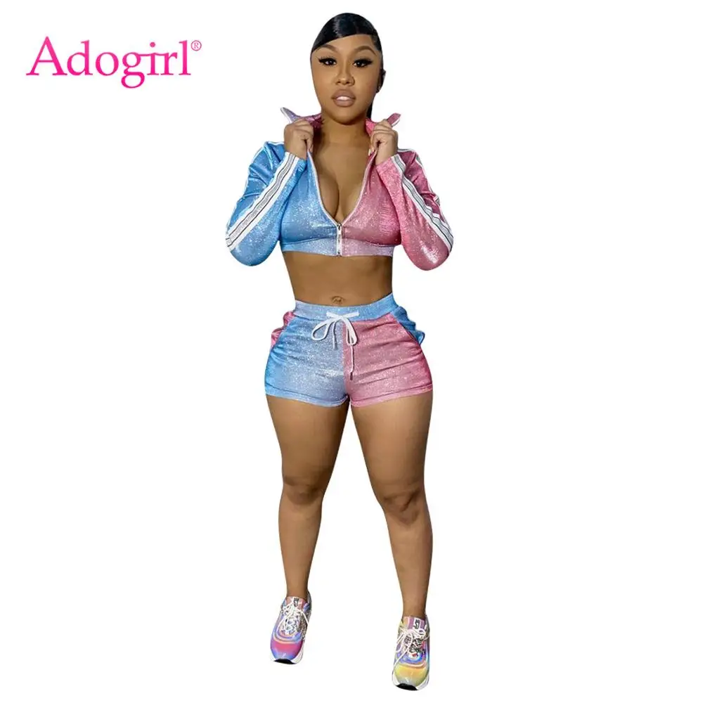 Adogirl Color Patchwork Shining 2 Piece Set With Zipper Fashion V Neck Straps Long Sleeve Crop Top Skinny Shorts Tracksuit Adogirl Color Patchwork Shining 2 Piece Set With Zipper Fashion V Neck Straps Long Sleeve Crop Top Skinny Shorts Tracksuit