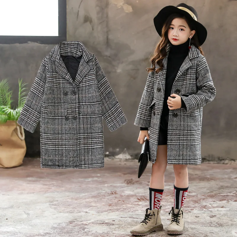 

Mayfair Cabin Girls Coats Autumn Winter Korean Big Children's Woolen coat version gray plaid houndstooth Outerwear Clothes