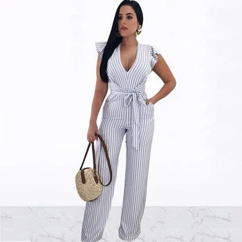 

Plus Size Striped Petal Sleeve Jumpsuit Women Sexy Backless Deep V-neck Long Pants Rompers With Sashes Streetwear Overalls