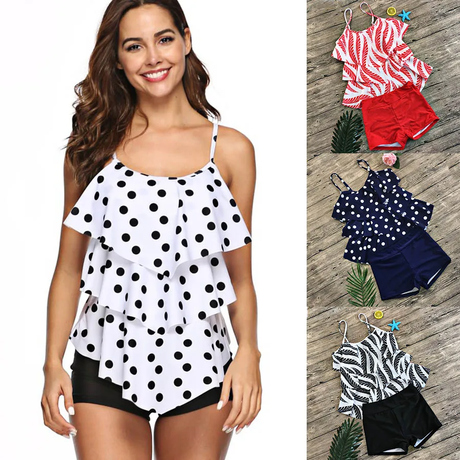 Женский раздельный купальник с шортами и оборками большого размера лето