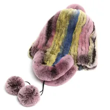 Зимняя женская меховая шапка с ушками, настоящий мех кролика, шапки с помпонами, полосатые женские модные меховые шапки, толстые теплые головные уборы