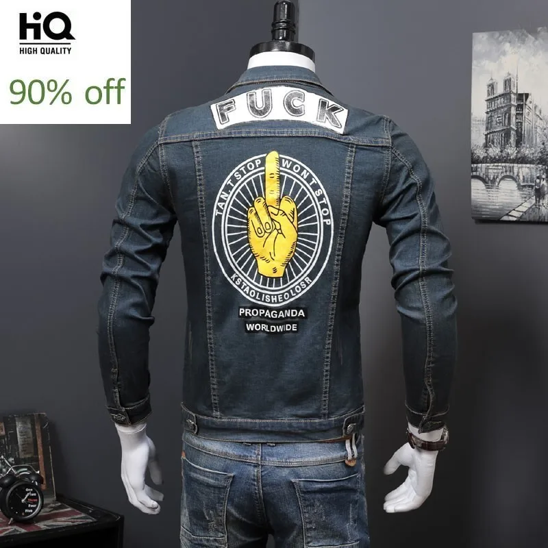 

High Street New Brand Back Printed Long Sleeve Lapel Vintage Denim Jackets Single Breasted Slim Fit Plus Size Male Jeans Coats