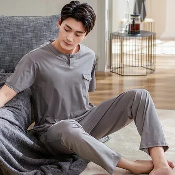 

Pajamas Men Summer Pure Cotton Short Sleeve Trousers Men'S Home Cardigan Bedroom Suit Thin Plus-Sized Set
