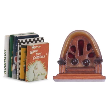 

6Pcs 1/12 Wooden Doll House Miniature Books Colorful & 1Pcs 1:12 Miniature Vintage Antique Radio Dollhouse Decoration Accessorie