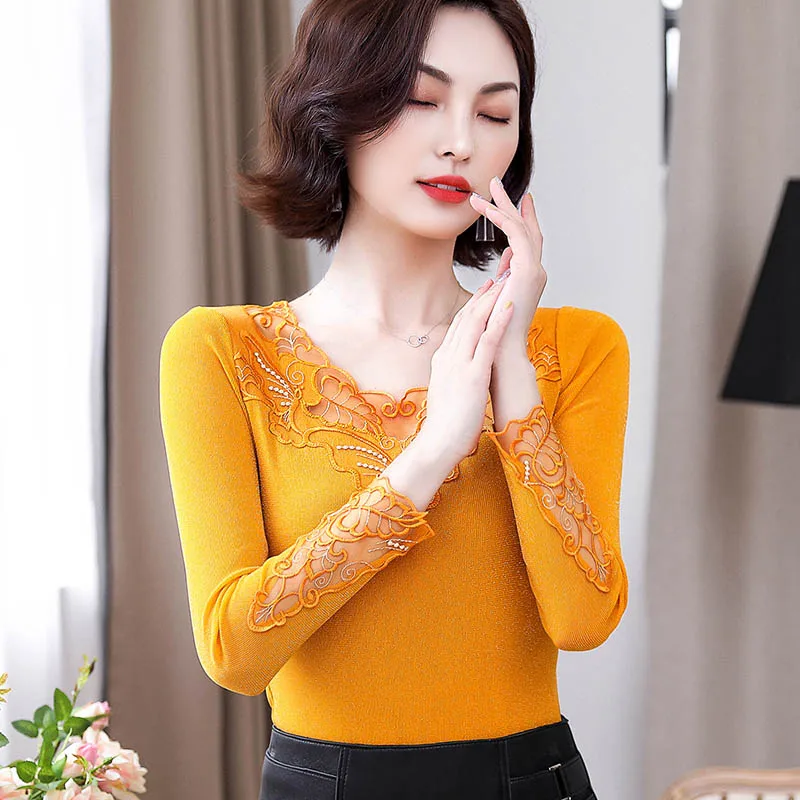  Dingaozlz Autumn Lace Blouse Patchwork Mesh Tops Casual Long Sleeve Women shirt blusa feminina Plus