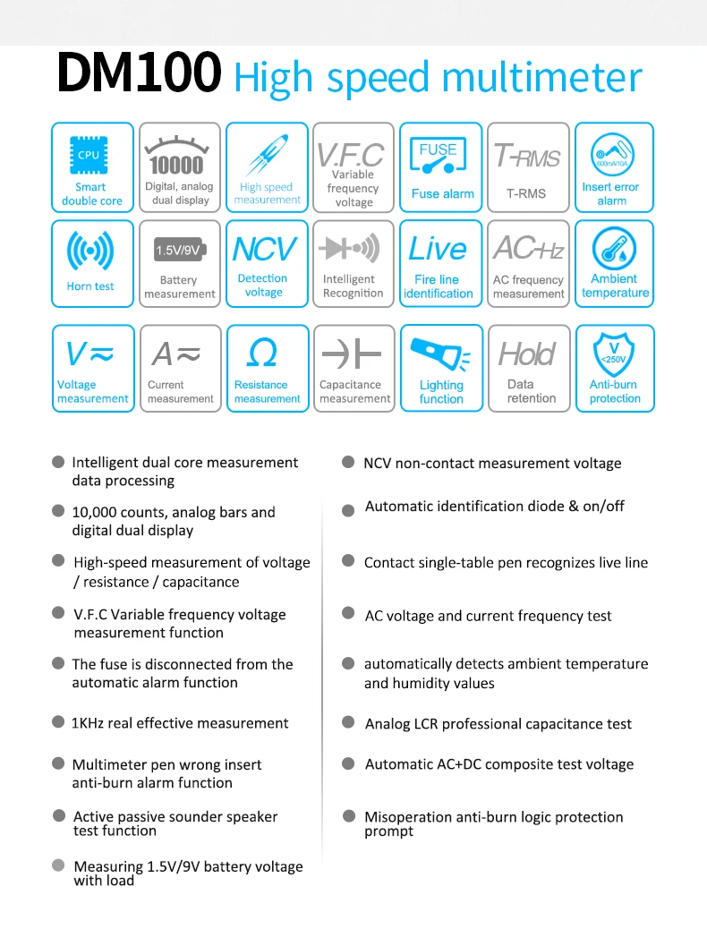 MESTEK DM100 Цифровой мультиметр высокоскоростной умный двухъядерный T-rms NCV температура multimetro анти-сжигание предохранитель сигнализация мультиметры