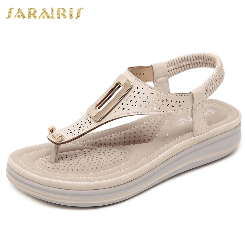 

Sarairis 2020 New Design Metal Decoration Gladiator Sandals Women Wedge Heels Elastic Band Comfortable Shoes Woman Sandals