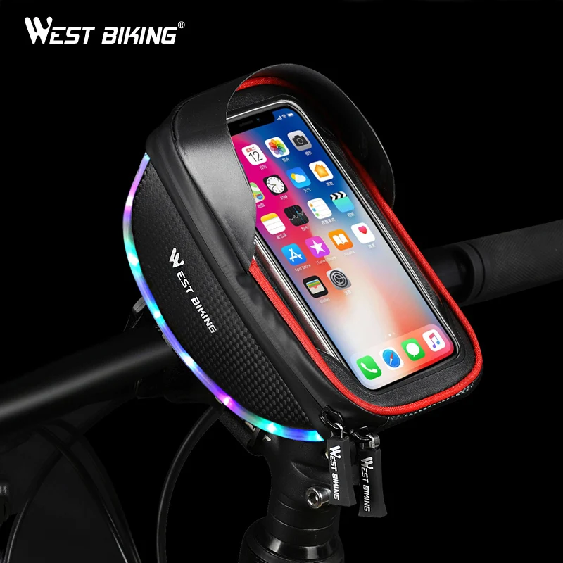 

WEST BIKING Cycling Bicycle Bag With Warning Light Waterproof Touch Screen Phone Bags For 6 Inch Phone Handlebar Frame Tube Bag