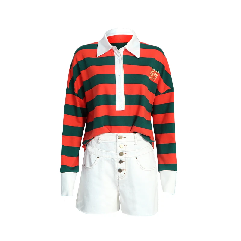 Striped Новое поступление, осенний стиль, с заниженным плечом, с длинным рукавом, поло, с вырезом, красный и зеленый, в полоску, хлопок, свободный крой, женские толстовки - Цвет: Striped