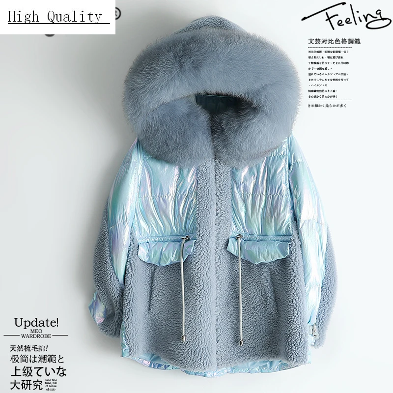

Real Fur Coat Female Winter Natural Fox Fur Hooded Duck Down Jacket Women Sheep Shearing Jackets Warm Fur Tops Hiver 2529