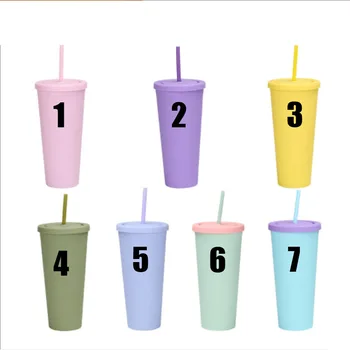 

16oz double-layer plastic straw cup frosted beer glass rubber paint water cup solid color frosted water bottle