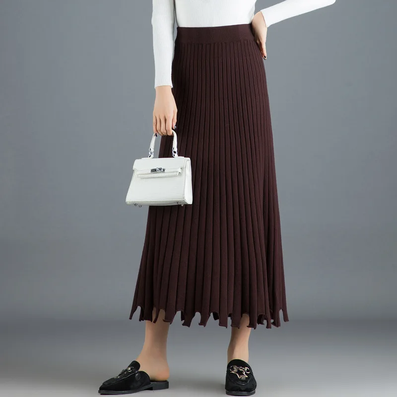 Faldas mujer moda новая длинная юбка женская осенняя и зимняя юбка с надписью Женская трикотажная шерстяная плиссированная юбка Толстая Jupe femme - Цвет: Azr8121 brown