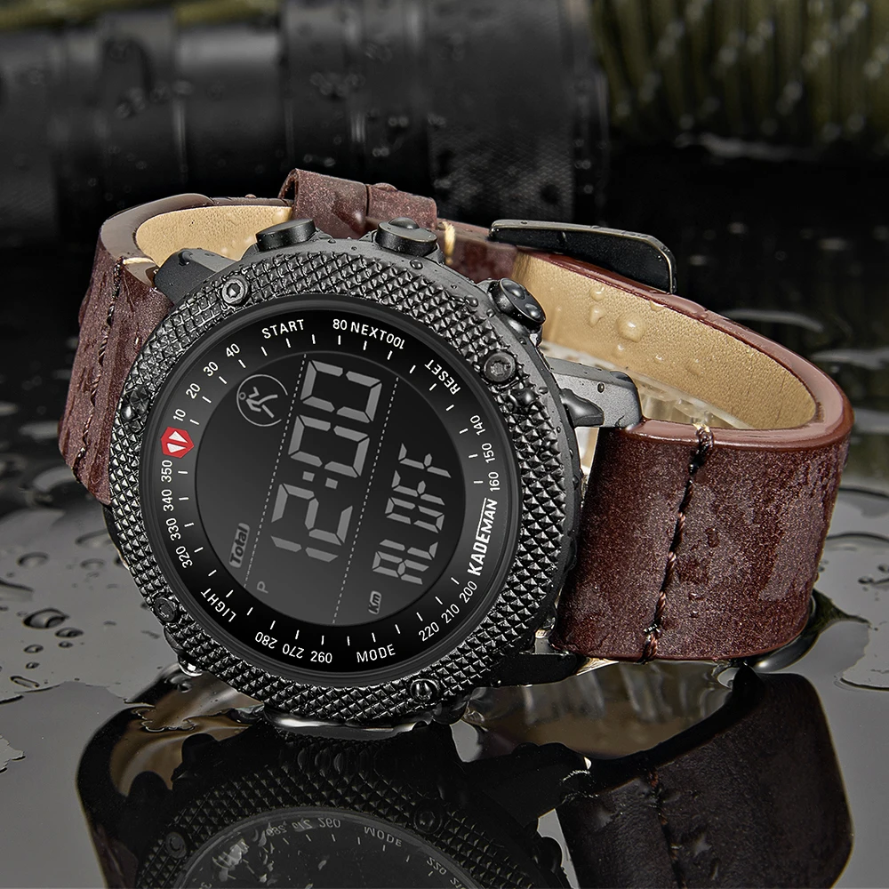 KADEMAN Лидирующий бренд мужские часы спортивные цифровые светодиодный хронограф Шаг Граф наручные часы водонепроницаемые кожаные часы Relogio Masculino