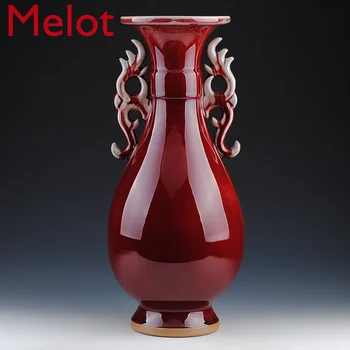 

Jingdezhen Ceramics Jun Porcelain Gracked Glaze Double-Ear Lang Red Vase Yu Hu Chun Chinese Household Living Room Crafts