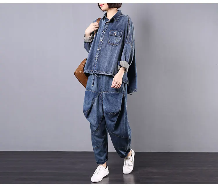 Spring Women Two Piece Outfits Jean Blouse Tops and Harem Trousers Sets Causal Shirts Denim Trousers Female Tracksuits AA280S30