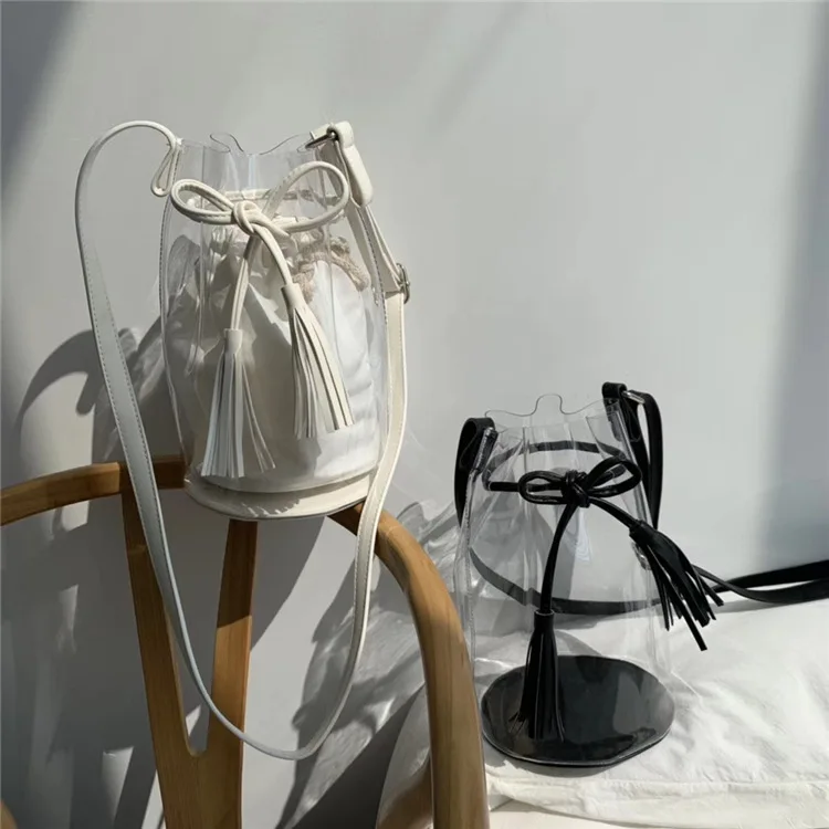 

Hanfeng Chic fringed transparent bow bucket bag inclined bag single shoulder bag ins beach bag jelly bag