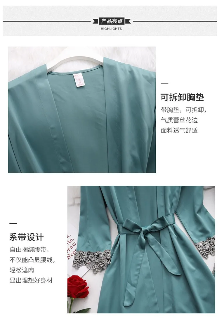 Four seasons new five-piece set with chest pad imitation silk feminine night gown, bathrobe, home service, long-sleeved pajamas