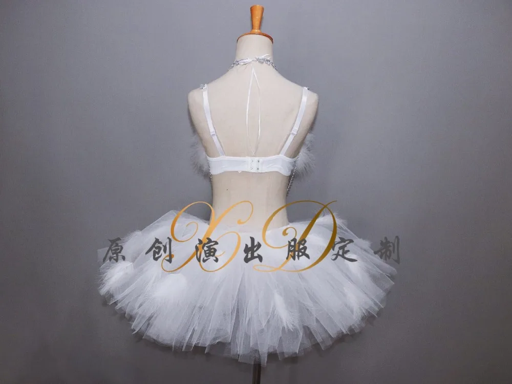 Sexy See-through White Feathers Bodysuits Crystals Bikini Bubble Skirt Set Women Nightclub Clothing Dancer DJ DS Stage Costume