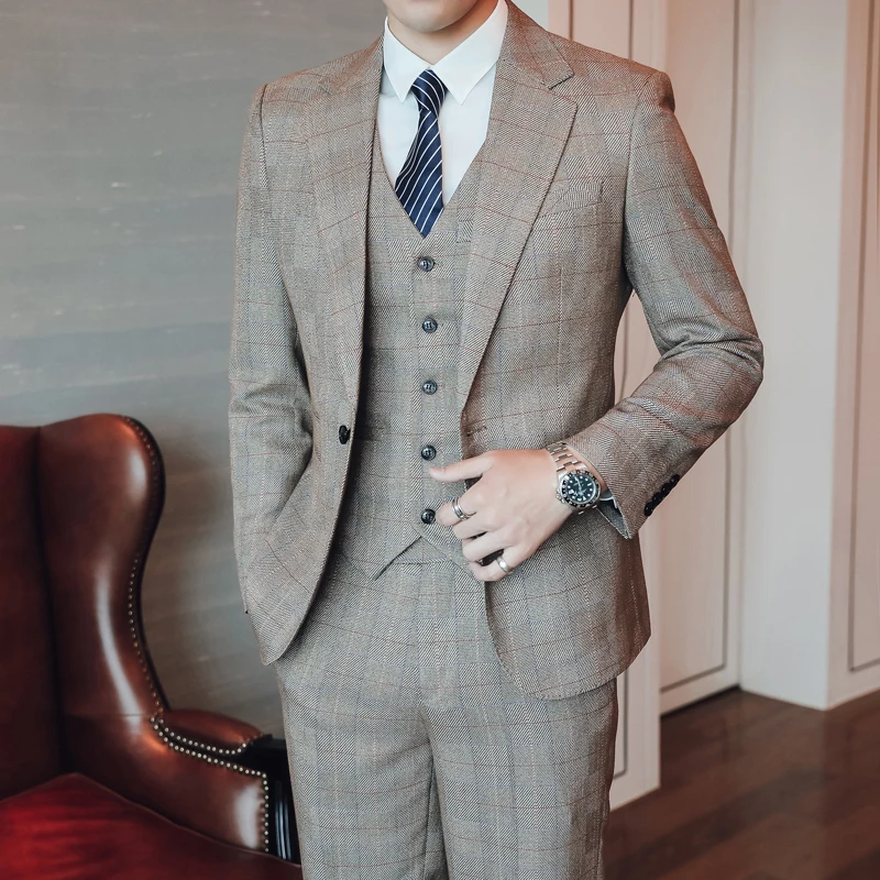 High Quality Man Wedding Suits 2019 New Fashion male Plaid Suit Size XXL XXXL 4XL 5XL Mens Suit Jacket + Pants + Vest