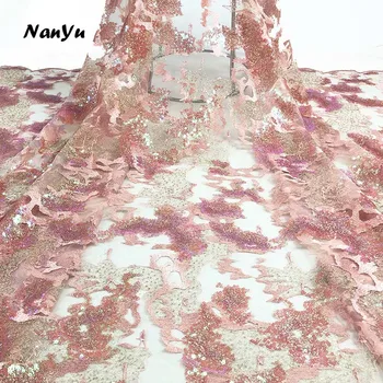 

New Design Lace Fabric Colorful Embroidery Tulle Lace Fabric with 3+5mm Sequins Clothes Material