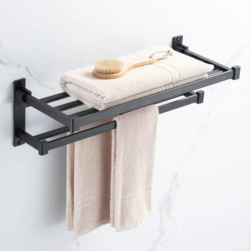 Space Aluminum Bathroom Black Towel Rack Foldable Fixed Bath Towel