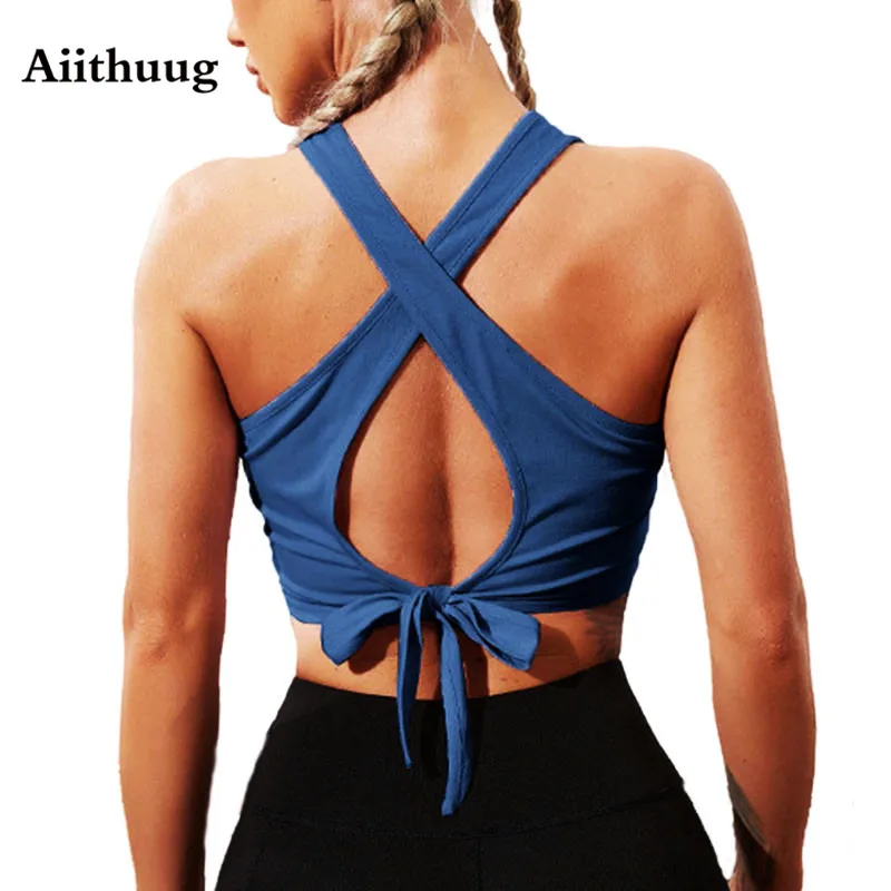 

Aiithuug Sports Bras for Women Knot Back Cropped Yoga Tank Wirefree Padded Yoga Bra Running Workout Aesthetic Crop Tank Tops