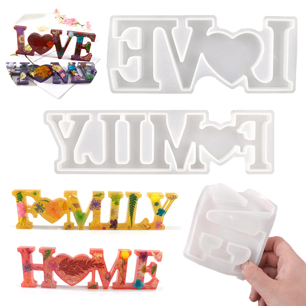 Obverse Reverse Side Moule Resine HOME FAMILY LOVE Shape Letter Resin Mold DIY Crafts Casting Sign Silicone Liquide Pour Moulage tic tac toe resin mold xo board game silicone molds family game epoxy xo casting molds for diy crafts home decor dropship