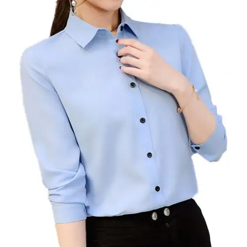 Light Blue Офисная Женская Однотонная рубашка с отложным воротником и длинными рукавами, шифоновая блузка - Цвет: Light Blue