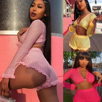 

2Pcs Sexy Women See Through Clothing Set Ruffled Mesh Crop Top Shorts Set Ladies Girls Long Sleeve Knitted Tops High Waist Suit