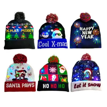 

Cute Santa LED Christmas HAPPY NEW YEAR Knitted Hats Light-up Xmas Knit Beanie Adults Cap Light Up Colorful Shiny 2020