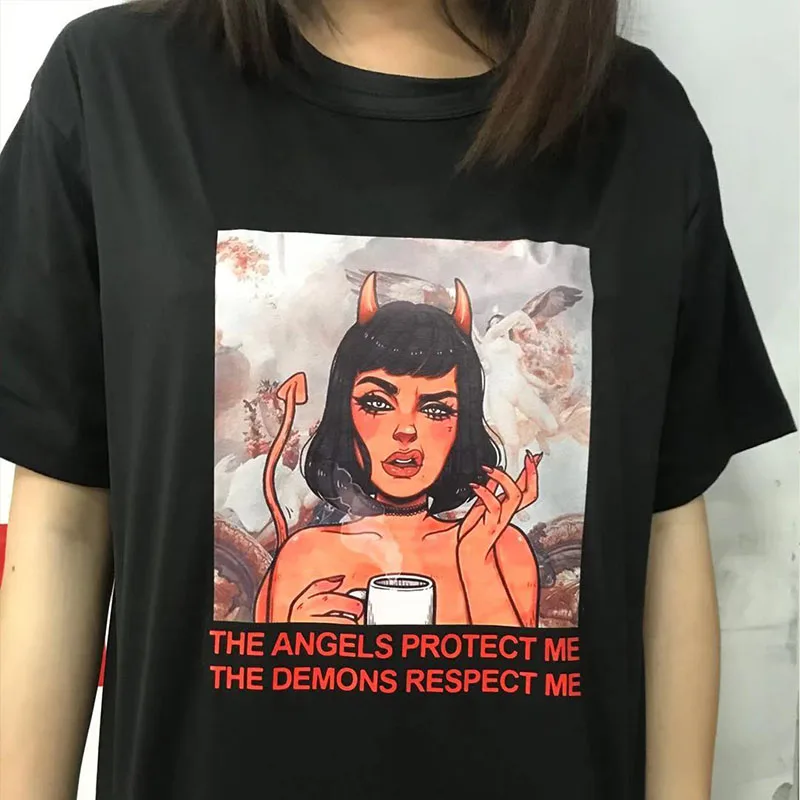 Винтажные летние топы Harajuku с надписью Devil веселые свободные коротким рукавом в