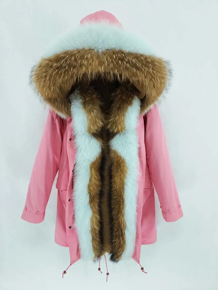 Женская длинная парка OFTBUY, с натуральным мехом енота и лисы на воротнике и капюшоне, зимняя плотная куртка, теплая верхняя одежда - Цвет: pink E