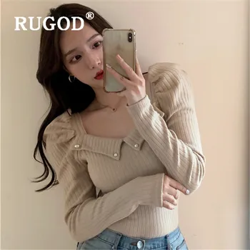 

RUGOD Spring Square Collar Korean Style Puff Sleeve Top Women Clothes 2019 Knitwear Solid Elegant Jumpers Ladies Casual Slim Fit