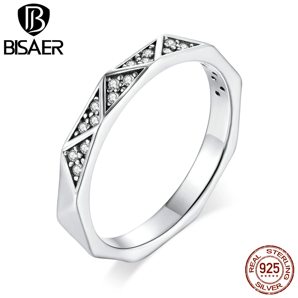 

BISAER Geometric Patterns Rings 925 Sterling Silver Dazzling Zircon Pave Finger Ring For Women Wedding Statement Jewelry GXR654