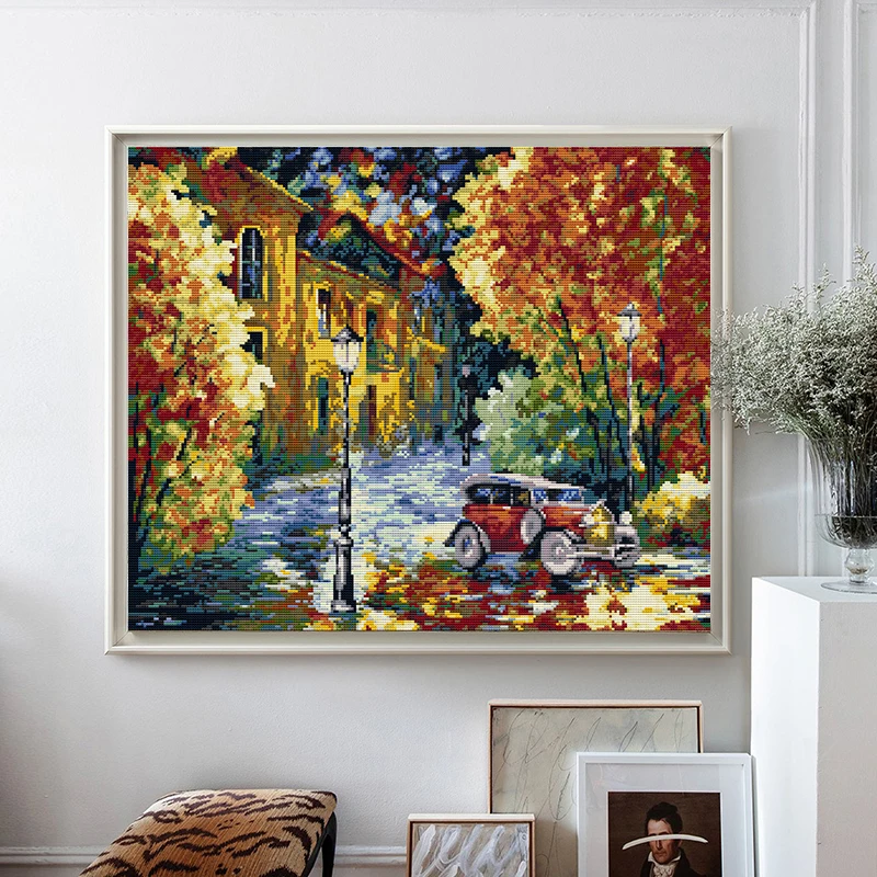 Cross Stitch Kits Street View After The Rain Stamped Patterns 11CT 14CT Printed Counted Fabric Thread Embroidery Needlework Sets