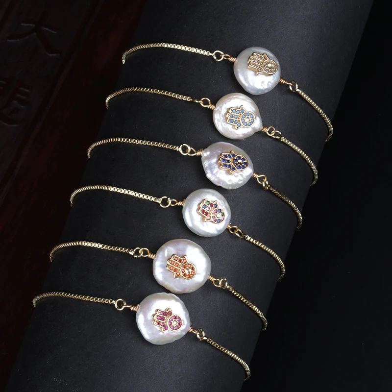 Паве многоцветный Цирконий крошечная рука Фатимы защитный Амулет Хамса Шарм пресноводный жемчуг шарик звено браслет для женщин Свадьба подарок на день рождения