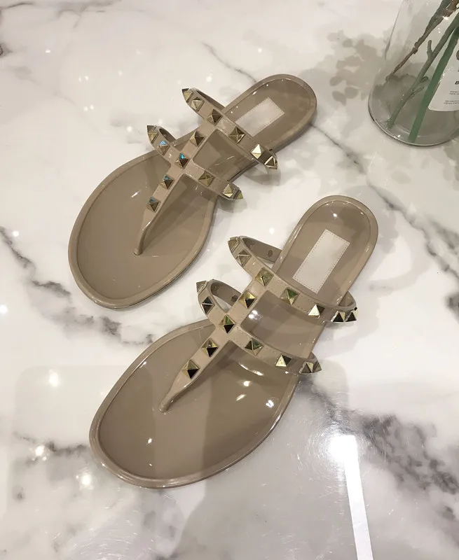 Summer Beach Sandals Woman Flip Flops PVC Slides Female Sandals Rivet Bowknot Slip on Flat with Women Studs Slippers Jelly Shoes