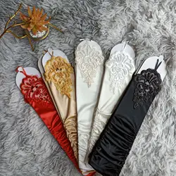 14 Inches Length Satin Lace Long Fingerless Gloves for Wedding Elbow Elegant Marriage Accessories for Bridal