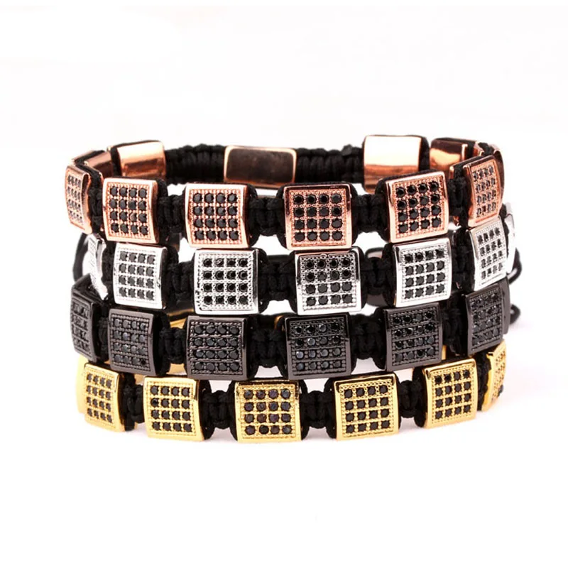 CZ Pave Square Brass Beads Braided Men Jewelry Wrap Adjustable Bracelet