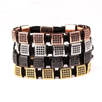 CZ Pave Square Brass Beads Braided Men Jewelry Wrap Adjustable Bracelet