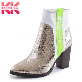 

KemeKiss Patchwork Women Ankle Boots Fashion Pointed Toe Pattern Shoes Women Winter Thick Heel Mixed Color Footwear Size 34-42