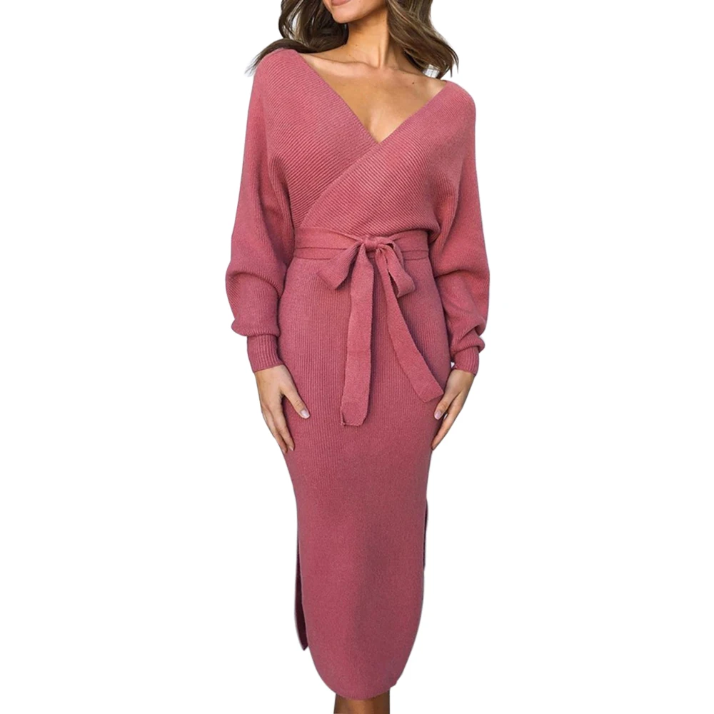 LASPERAL женское трикотажное платье-свитер с запахом и поясом, туника миди Vestidos, длинный рукав, двойной v-образный вырез, разрезное повседневное осеннее платье - Цвет: Pink