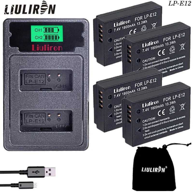 4 шт. батарея 1800 мАч LP-E12 LP E12 LPE12 батарея+ ЖК USB двойное зарядное устройство для Canon EOS M50, EOS M100, 100D Kiss X7 Rebel SL1 камера - Цвет: charger and 4battery