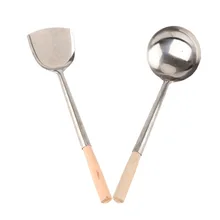 Прямая с фабрики Ресторан столовой отеля шеф-повара кухонные принадлежности деревянная ручка лопаточка из нержавеющей стали с длинной ручкой приготовления вок S