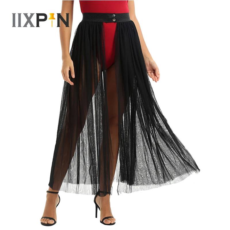 Women Swimsuit Cover Up Skirt High Waist Semi Sheer Mesh Long Skirt